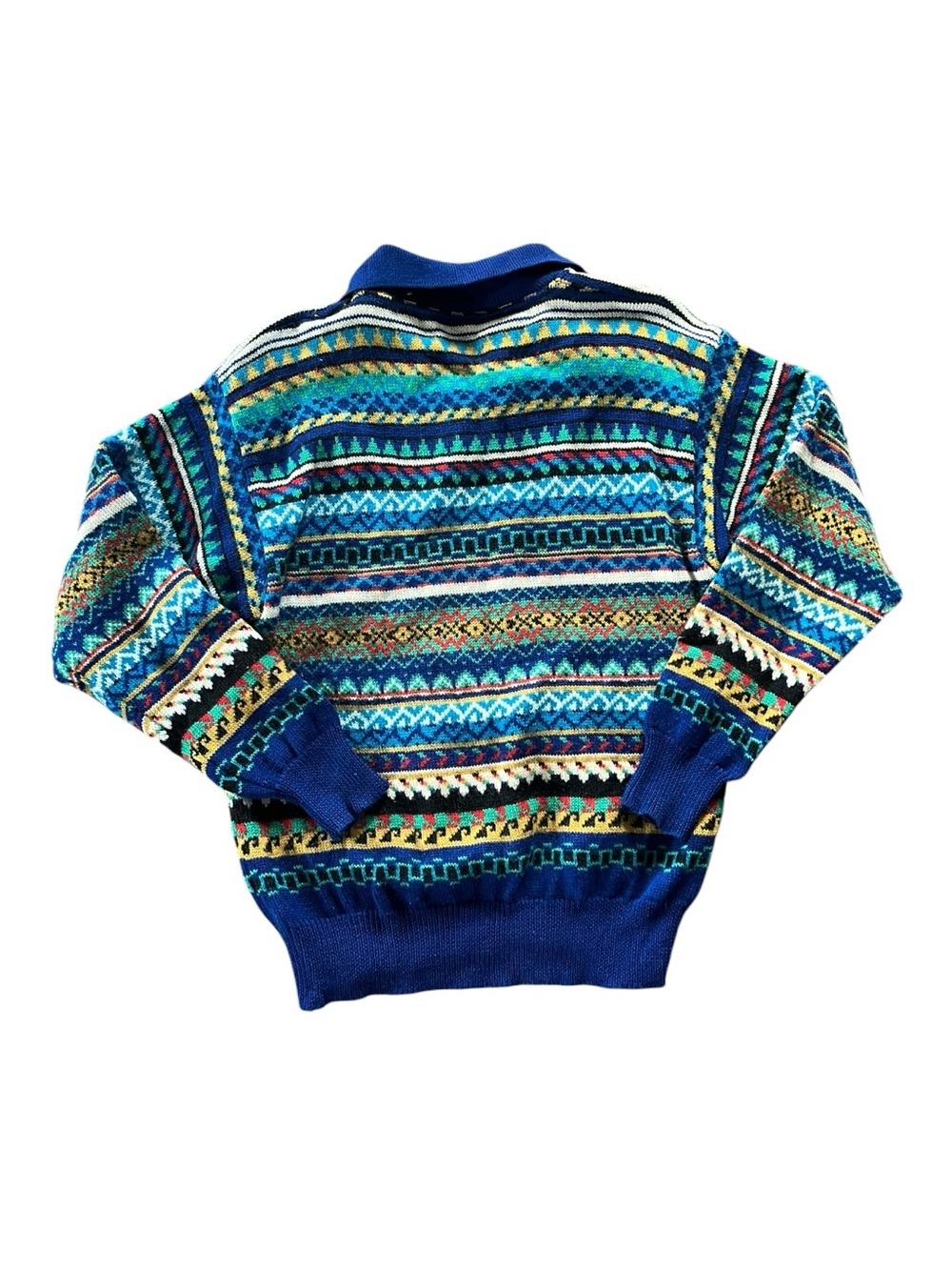 KENZO VINTAGE Blue Multicolore Geometric Patterned  Wool Knit Sweater Polo - Picture 4 of 6